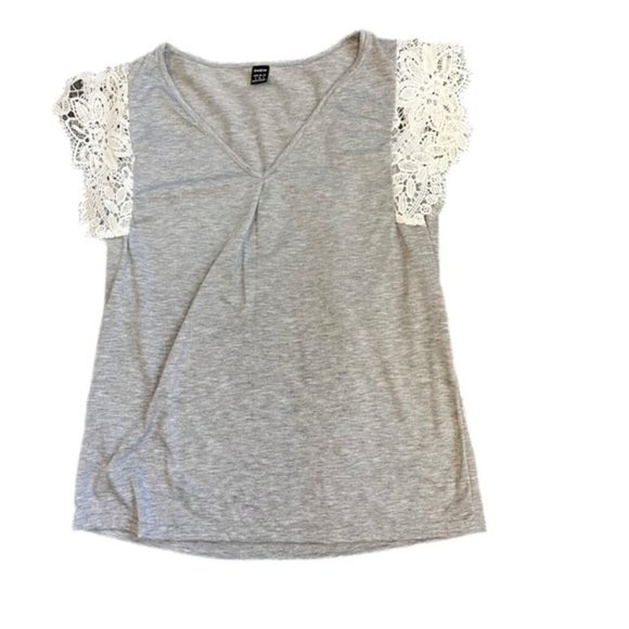 Shein V-neck Contrast Lace Ruffle Sleeve Top Gray Size S - Picture 3 of 6